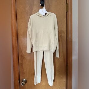 2 piece cozy ivory cream waffle design material long sleeve hoodie jogger set